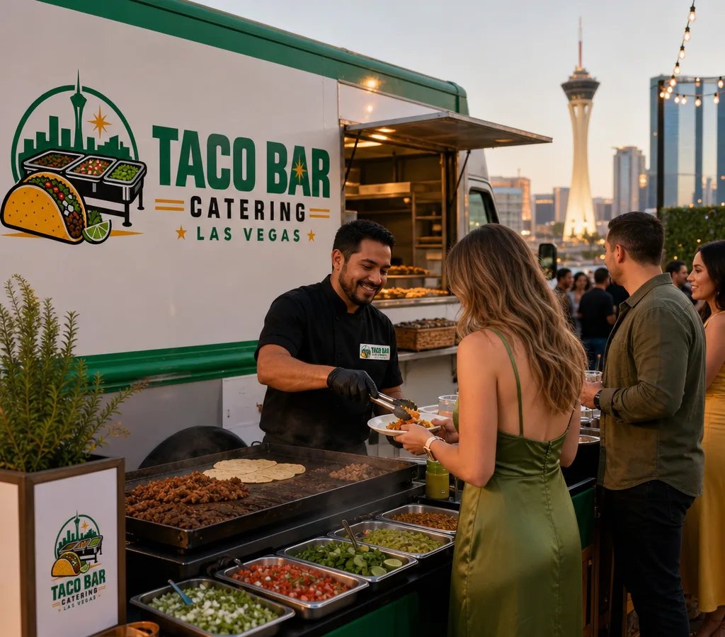 On-site taco catering setup at a Las Vegas event with guests being served from a clean serving line