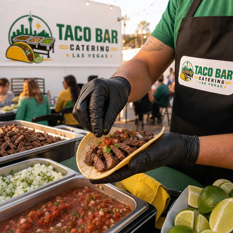 Hands assembling a taco with freshly sliced meat, salsa, and garnishes at an outdoor Las Vegas party