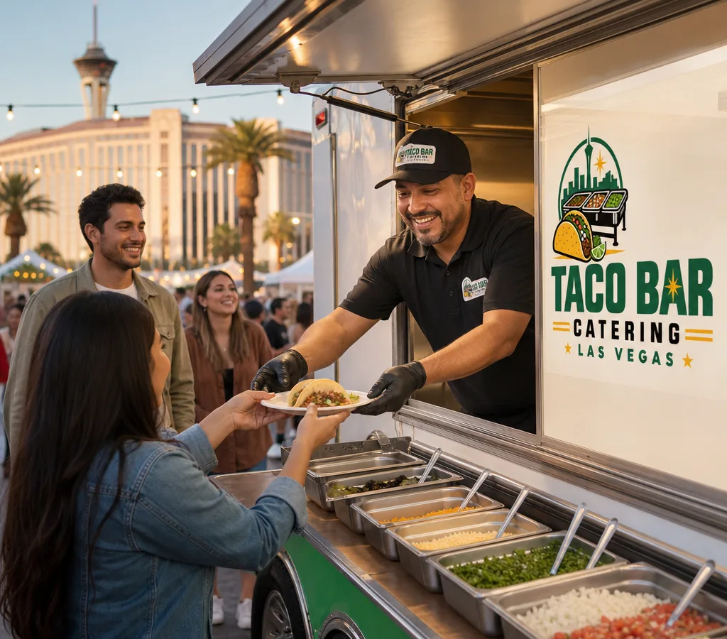 Taco man setup at an outdoor Las Vegas event with warmers, toppings, and guests being served fresh tacos