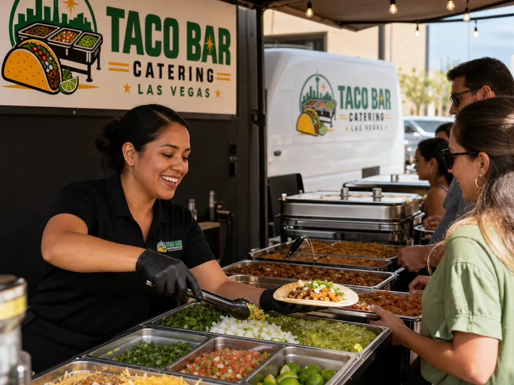 Taco bar catering line under a canopy in Las Vegas with organized toppings, tortillas, warmers, and a shaded guest queue