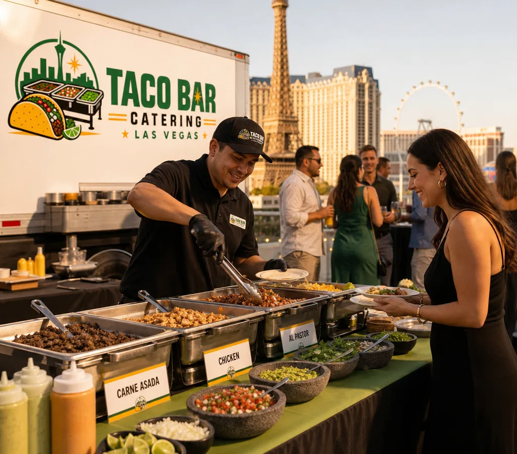 Staffed taco bar line at a Las Vegas event with warm tortillas, proteins, salsas, and toppings