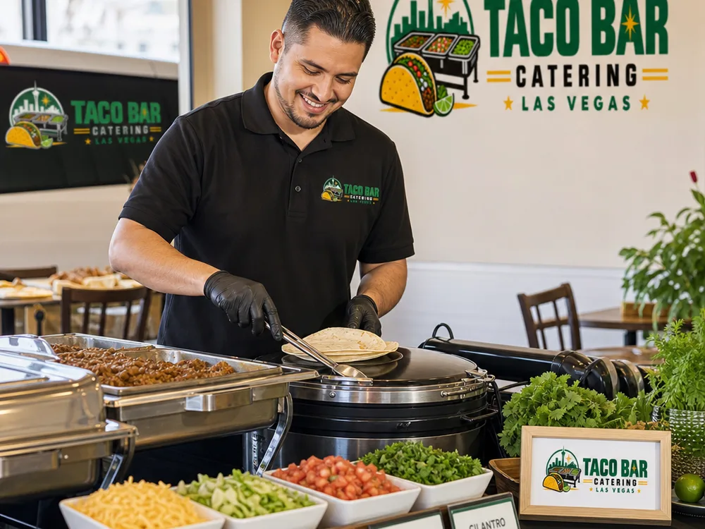 Taco bar setup with hot holding equipment, tortilla warming station, labeled toppings, and serving utensils