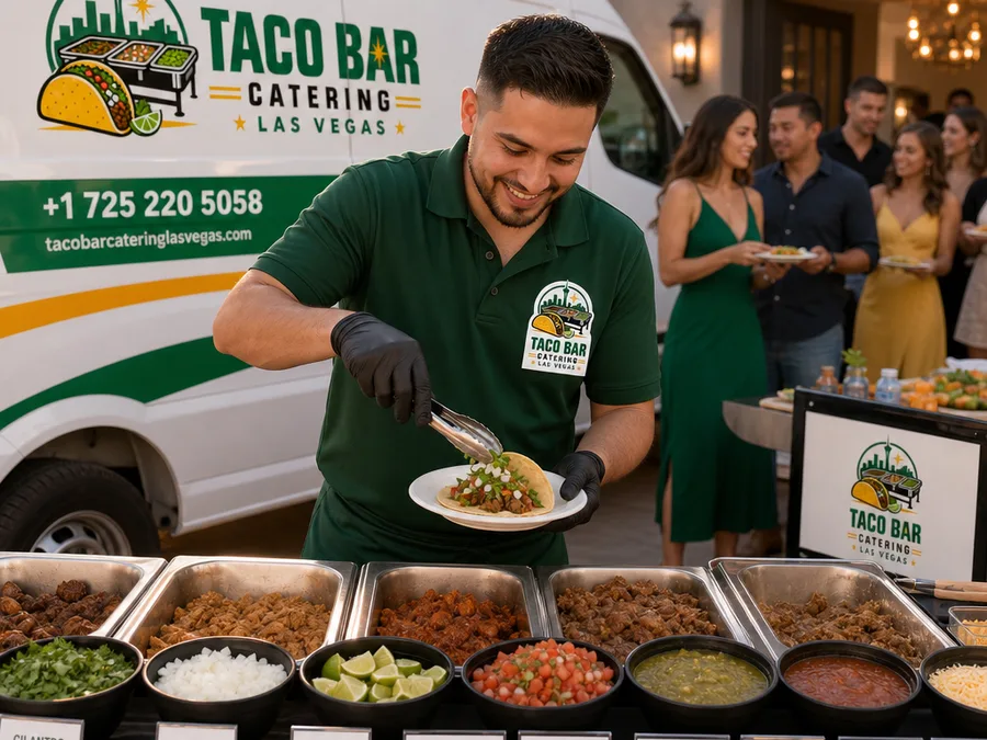 Caterer serving tacos at a Las Vegas corporate lunch with a tidy buffet line and warming equipment