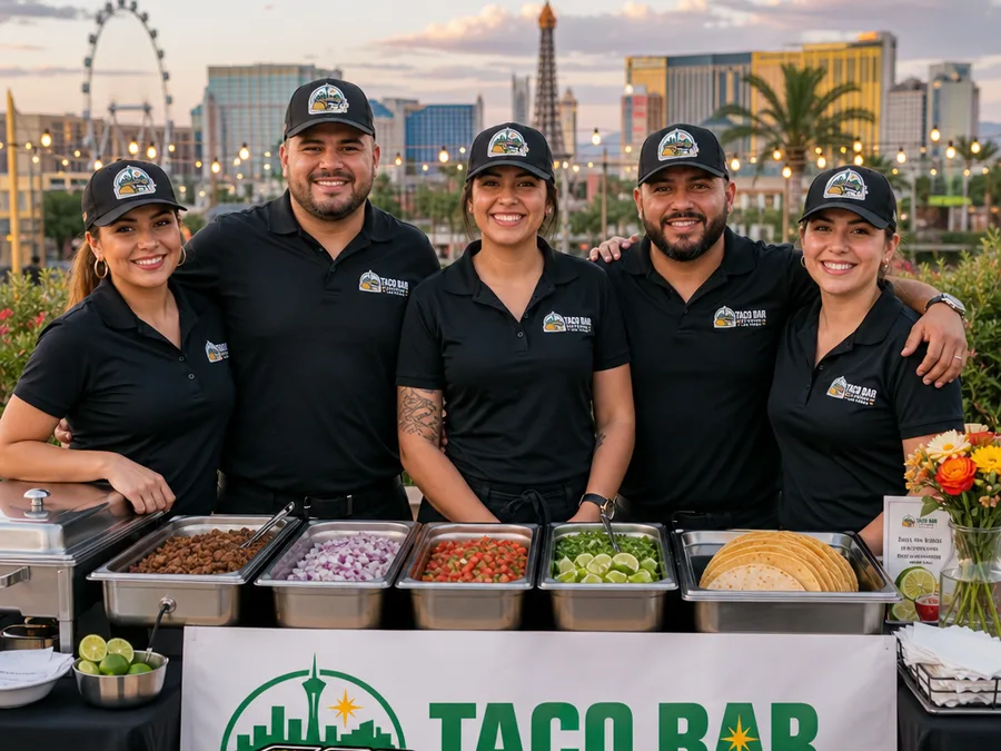 Taco Bar Catering Las Vegas team in uniform behind a clean and organized event serving station